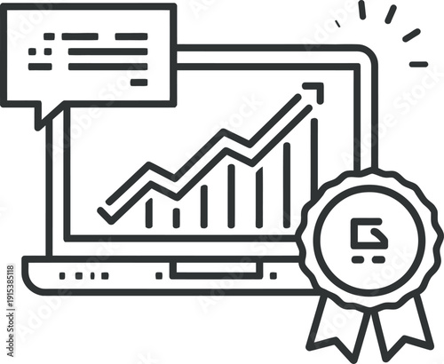 Vector illustration of a laptop with a rising graph on the screen and a rosette award badge, isolated on transparent background