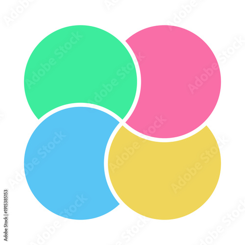 Infographic diagramm template 4 parts for business strategy, presentation, start up project, logic analysis, theory basic operation. Venn diagram design element