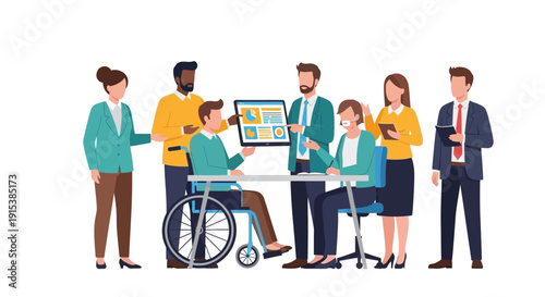 Diverse team collaborating with wheelchair accessible workplace technology