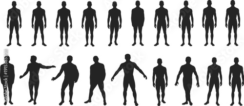 Black Vector Silhouettes of Men in Various Standing and Athletic Poses Isolated on White Background for Fashion Anatomy and Character Design Graphic ProjectsBlack Vector Silhouettes of Men in Various 