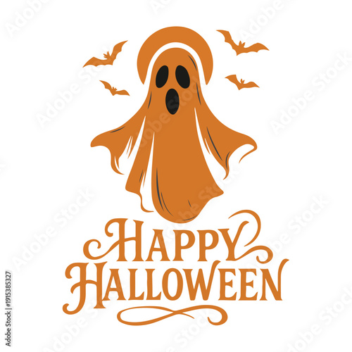 Spooky ghost with bats and Happy Halloween text on white
