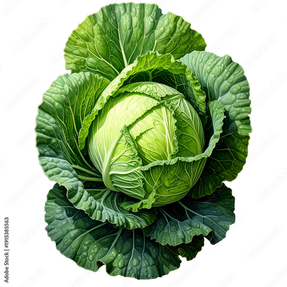 Fototapeta premium High-resolution close-up of a vibrant green cabbage head surrounded by layered outer leaves, isolated on a deep black background. The image highlights crisp textures, natural veins, and fresh organic 