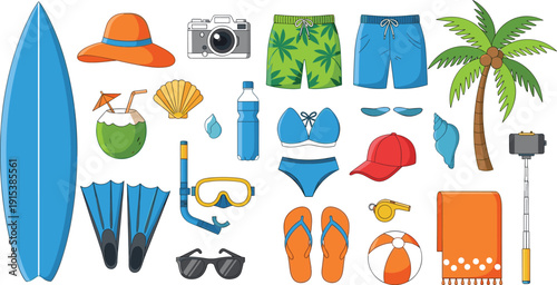 Summer Beach Vacation Travel Icon Set Surfboard Bikini Palm Tree Camera Hat Flip Flops Snorkel Coconut Shorts Sunglasses Vector Illustration Collection