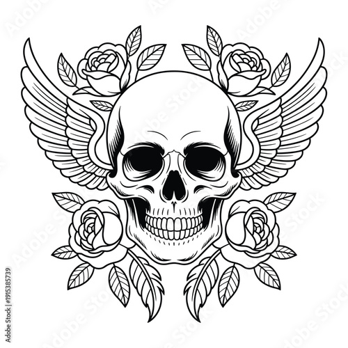 Stylized human skull adorned with wings and blooming roses isolated on transparent background
