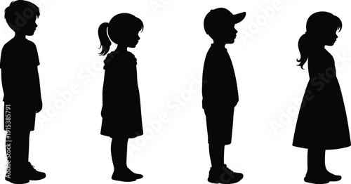 Collection, of, black, children, silhouettes, featuring, boys, and, girls, standing, in, profile, isolated, on, white, background, childhood, kids, vector, illustration, 