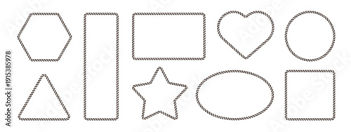 Rope frame border set isolated on white bg. Hexazon, square, oval and heart shape in sailor theme, brown nautical rope collection, flat vector illustration. Travel and marine loop and cord frames.	
