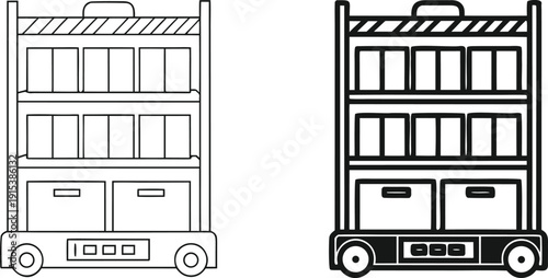 Illustration-of-two-multi-level-storage-carts-with-drawers-and-wheels