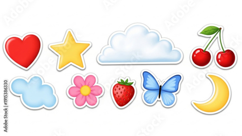 Colorful cartoon icons of fruits flowers and objects