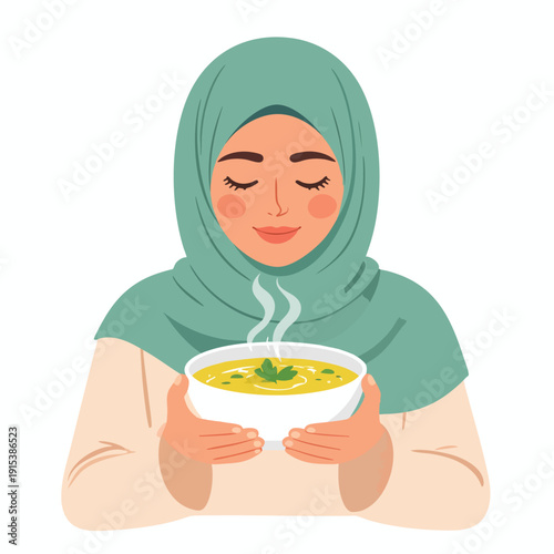 A serene woman in hijab enjoys a steaming bowl of soup with closed eyes and a peaceful expression