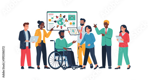 Diverse team collaborating on global project with digital tools