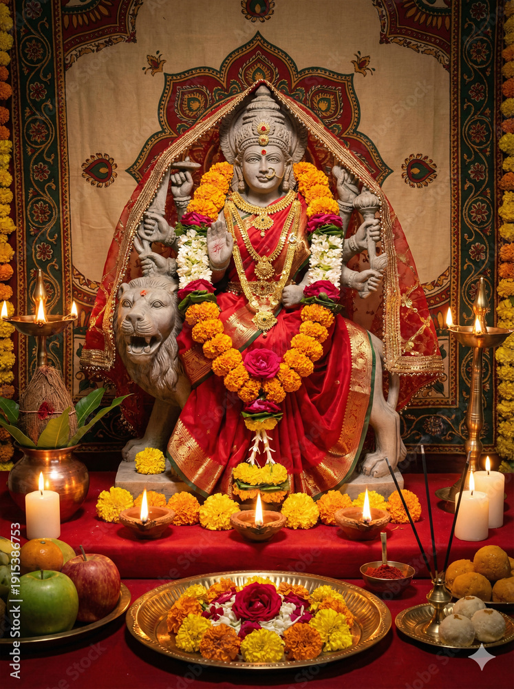 Obraz premium Goddess Durga altar with offerings, lamps, and traditional puja setup