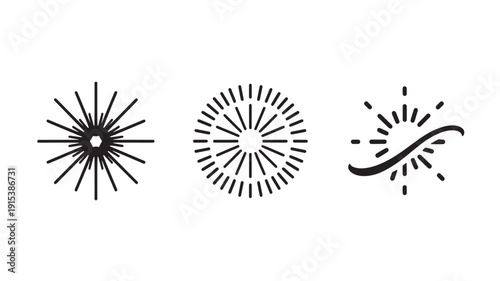 Abstract starburst icons in minimalist black design with dynamic lines and splashes for graphic elements
