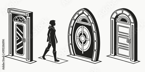 A person walking through a series of futuristic doors with unique designs. Vector