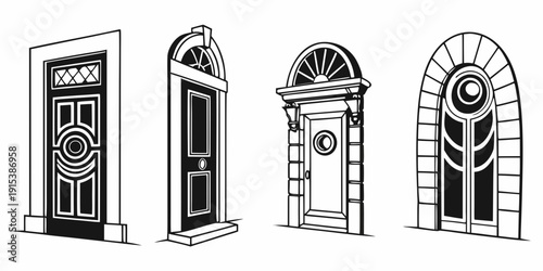 Four distinct architectural door designs showcasing historical and modern styles. Vector