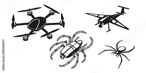 Diverse collection of drones and robotic insects in various designs and configurations. Vector