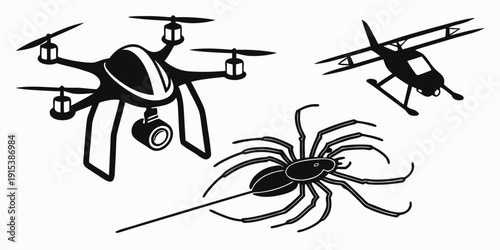 Drones equipped with spiders for surveillance and exploration in challenging environments. Vector