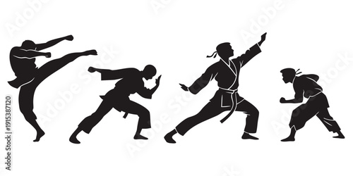 Martial artists performing a sequence of kicks in a line. Vector