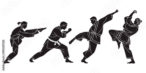 Martial arts practitioners demonstrating a sequence of dynamic kicks and stances Vector