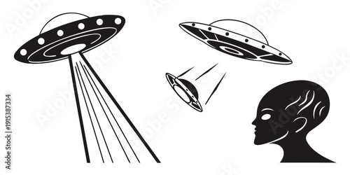 Alien spaceships hovering above a human head, representing extraterrestrial contact. Vector