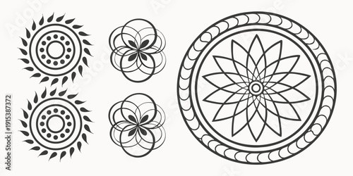 Intricate geometric patterns and symmetrical designs in a circular format Vector