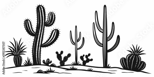 A group of various cacti and succulents in a desert landscape illustration Vector