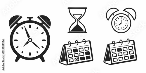 A collection of various time-related icons including an alarm clock, hourglass, and calendar. Vector
