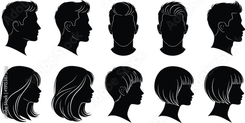 Set of Male and Female Silhouette Heads with Modern Hairstyles and Haircuts for Barbershop Beauty Salon Fashion Icons and Profile Avatar Design Isolated on White