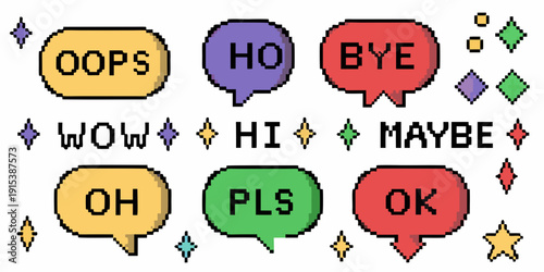 Colorful speech bubbles displaying various short expressions and greetings