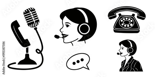 Illustration of communication methods including a microphone, headset, speech bubble, and telephone Vector