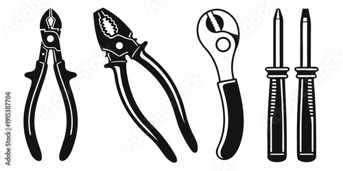 Assorted pliers and screwdrivers displayed in a row for various tasks Vector