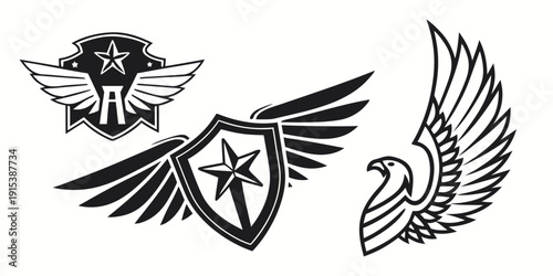 A collection of vintage aviation and military insignia and emblems. Vector