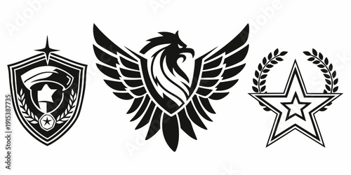 Three distinct symbols: a shield, an eagle, and a star, each with unique designs and meanings. Vector
