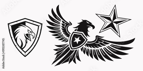 A majestic eagle with a shield and star emblem on its wing Vector