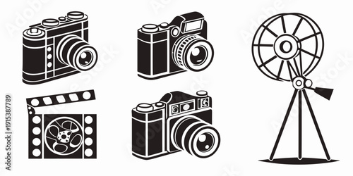 Vintage cameras and film equipment displayed in a row Vector