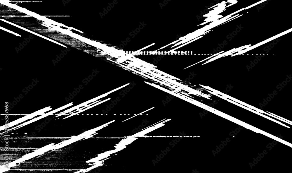 Obraz premium Dynamic abstract glitch effect with intersecting white lines and digital noise on a black void, suggesting futuristic technology or network disruption.