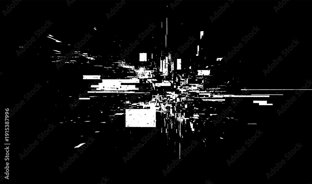 Fototapeta premium Explosive digital glitch effect, like a data explosion or abstract cityscape viewed through a broken screen, with sharp white lines radiating from center on black.
