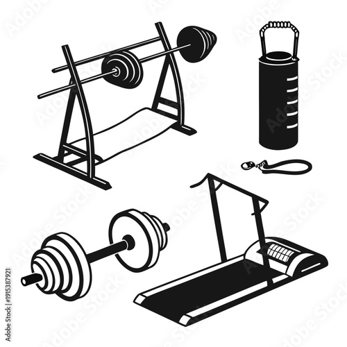 A collection of gym equipment including barbells, a weight bench, and a treadmill. Vector