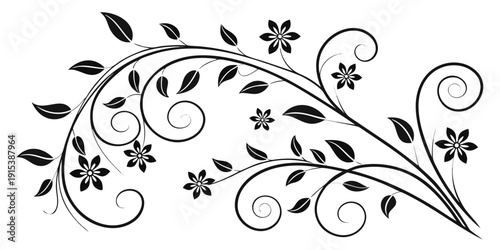 Intricate black and white floral design with swirling leaves and delicate flowers. Vector