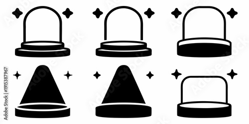 Black and white illustration of display domes and geometric shapes