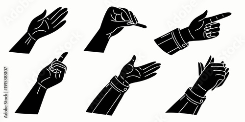 A set of black and white hand gestures used in sign language Vector