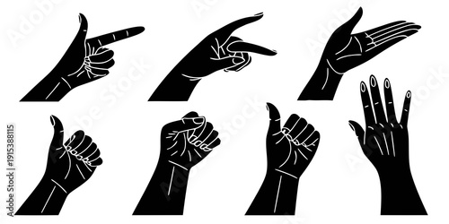 A collection of various hand gestures depicted in black and white Vector