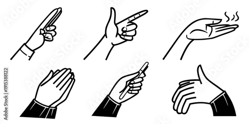 A series of illustrations depicting various hand gestures and movements Vector