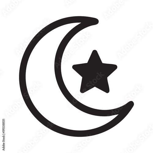 A black and white image of a crescent moon and star
