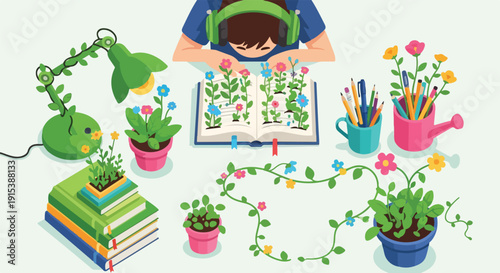 Student immersed in a vibrant, nature-inspired learning environment, surrounded by flourishing plants, books, and creative tools, symbolizing sustainable education and growth.