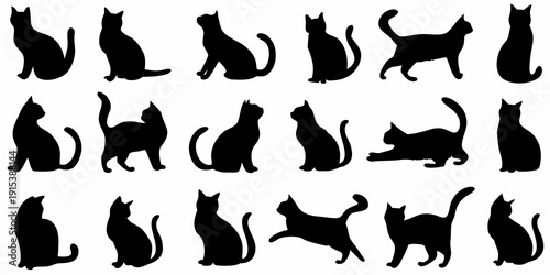 Collection of black cat silhouettes in various poses and profiles