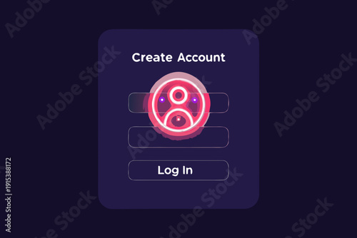 Neon lit create account and log in interface with a user icon