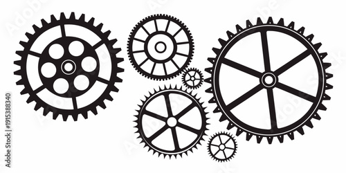 A close up of a set of interlocking gears with different sizes and teeth patterns Vector