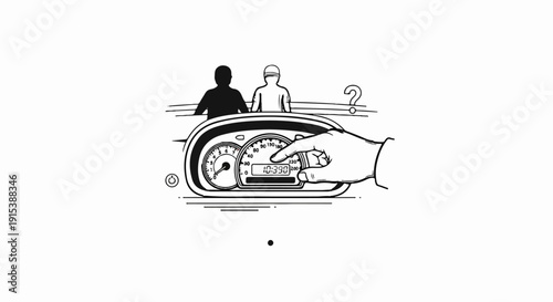 A hand presses a car dashboard's digital display, with shadowy figures behind