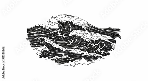 A dynamic, black and white ink sketch of a powerful, cresting ocean wave