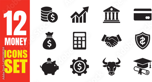 Money and Finance Icon Set: 12 Flat Vector Symbols for Banking, Investment, and Business Growth